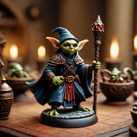 cinematic photo TabletopRay, tabletop miniature (on a plastic base)  (Goblin Mage) ((standing straight upright)) an a table top, weaing a black wizards robe with an intricate Hat!!, swinging a wizards staff full body character design high budget, bokeh, ci...