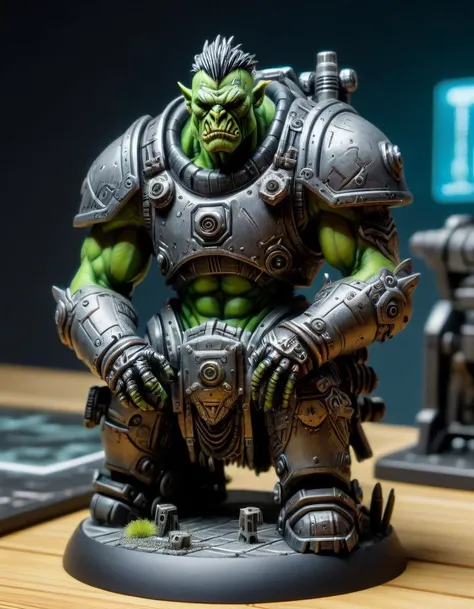 TabletopRay, tabletop miniature of a cyberpunk orc with  mech armor, glass table