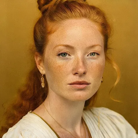 arafed woman with red hair and a white dress posing for a picture