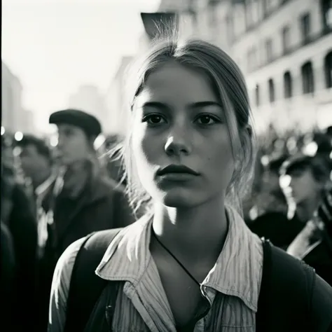 arafed black and white photo of a woman in a crowd