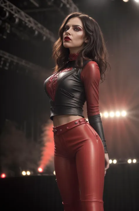 a woman in red leather pants and a black top