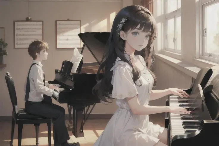 1girl, 1boy, music teacher, ((masterpiece)), (((best quality))), (beautiful detailed girl), beautiful detailed glow, (playing piano at background), piano, piano lesson, classroom, chair, music notes,