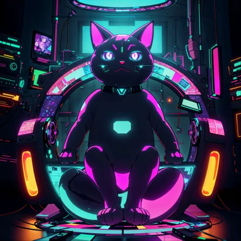 a cat sitting on a chair in a neon room