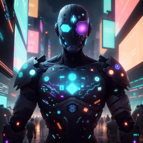 <lora:AdsTech-20:0.9>, adstech , scifi,   colorful symbols ,  hologram,
dark city ally , a person in the middle, closeup