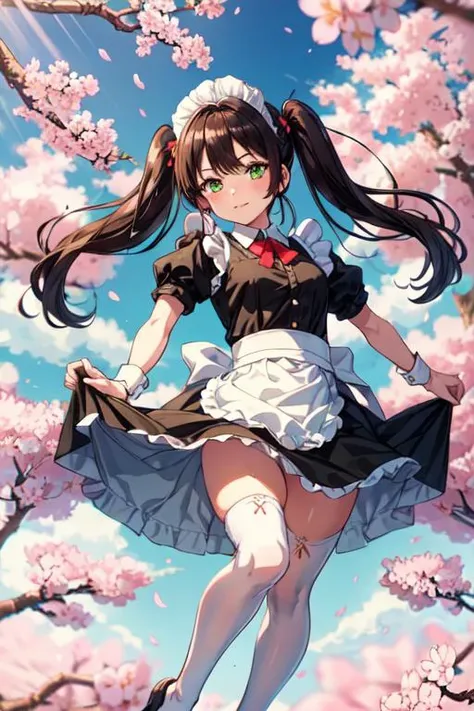 1girl, maid, brown twintails, green eyes,cherry blossoms, sunbeam,skirt lift,(white thighhighs,:1.1)  <lora:add_detail:0.6>