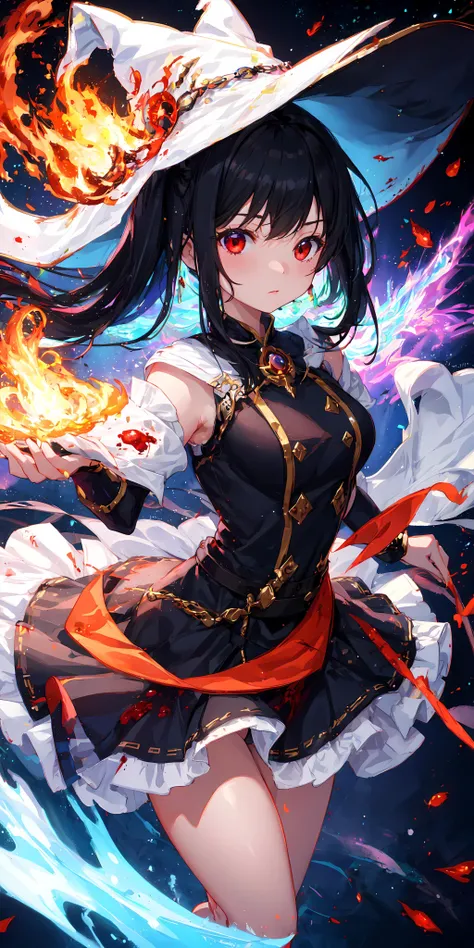 1girl, black hair, red eyes, fire witch, blood, light particles, light rays, wallpaper, colorful,