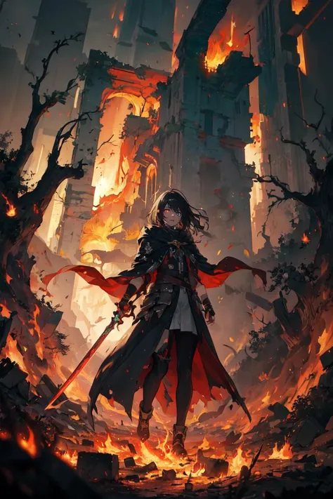 absurdres, highres, ultra detailed, 1girl, windswept hair, warrior girl, cloak, (eerie atmosphere, flames, BREAK), full body, (masterpiece:1.3), BREAK, abandoned ruins, destroyed, trees illuminated by fire, BREAK, holding weapon, sword