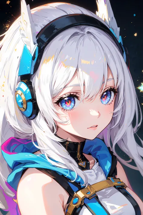 1girl, white hair, symbol-shaped pupils, space goddess, galaxy, light particles, light rays, wallpaper, high contrast, colorful,