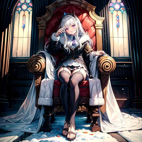 (finely detailed, beautiful detailed, ultra detailed, intricate details), full body, 1girl, purple eyes, glowing eyes, looking at viewer, long hair, white hair, sidelocks, snowing, church, (miniskirt), (black frilled thighhighs), (black fur-trimmed jacket)...