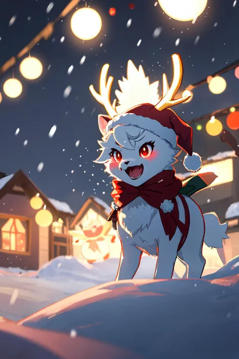 A tiny raging reindeer:1.5 pokemon with a santa hat, its shiny antlers radiating in a rage, against the backdrop of falling snow, accompanied by a vivid display of Christmas lights and a creature with steaming presence, featuring blazing red eyes that shin...