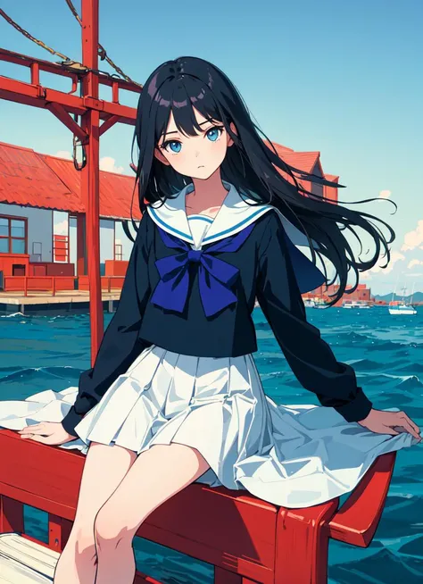 masterpiece, best quality, flat color, limited palette, low contrast, 1girl, sailor uniform, long straight black hair, morning glory, (white, blue), on a boat