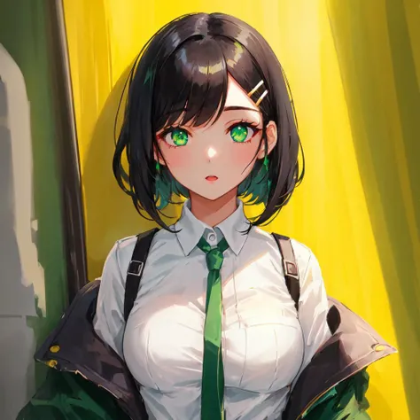 1girl, detailed short dark black hair, bangs over eye, cute stylish hairclip, ultrafine highly detailed green eyes,