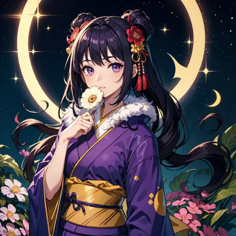 1girl, purple kimono, crescent, purple eyes, long hair, galaxy