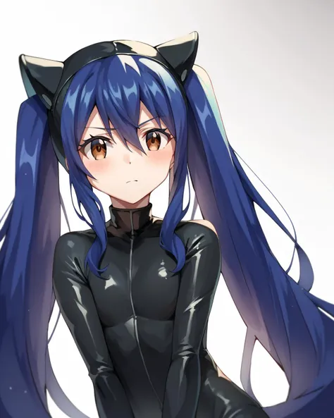 anime girl with long blue hair and black cats ears