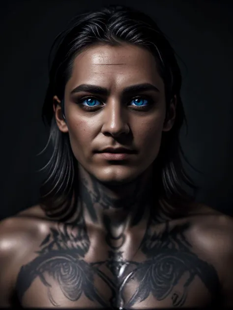 a woman with blue eyes and tattoos on her chest