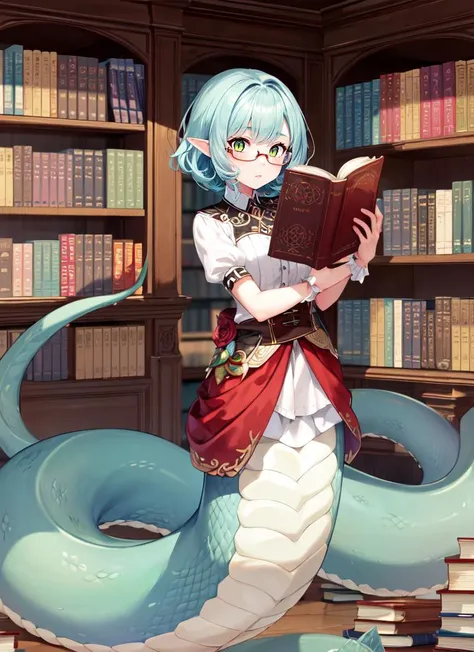 a woman in a library with a book and a snake