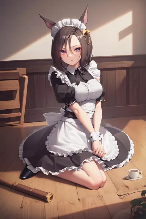 anime girl in maid outfit sitting on the floor with a cup of coffee