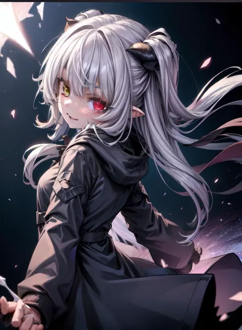 anime girl with long white hair and red eyes holding a knife