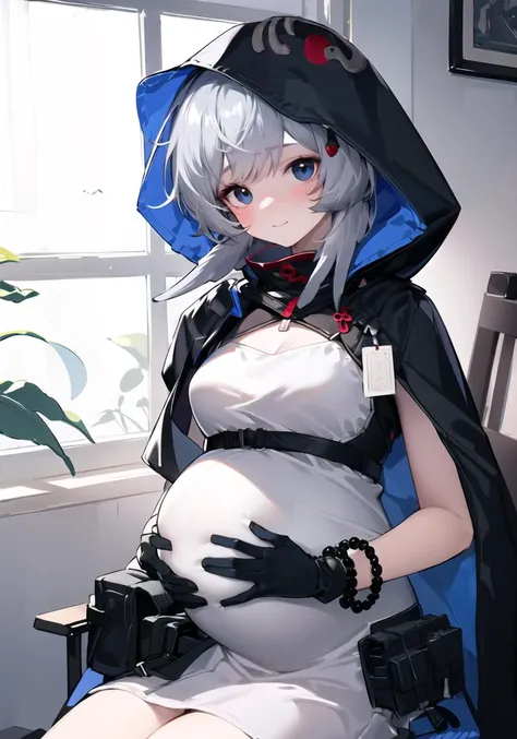 1girl, solo, petite, long_hair, looking_at_viewer, blush, sitting, ((pregnant)), (arm_support), (light_smile), bangs, blue_eyes, grey_hair, gloves, jewelry, small_breasts, closed_mouth, (black_gloves), (belt), (long_sideburns), hair_feather, (cleavage), ha...