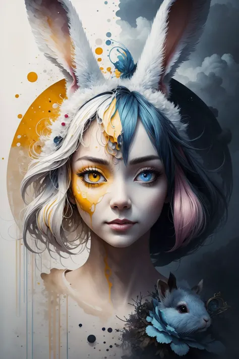 masterpiece, best quality, (rabbit) woman, large eyes, (cartoon), splashing, abstract, psychedelic, (neon:0.8), extremely detailed, (white background:1.3), ink,  (creative:1.3), intricate detail, (pretty face), dynamic lighting, natural lighting, (yellow:1...