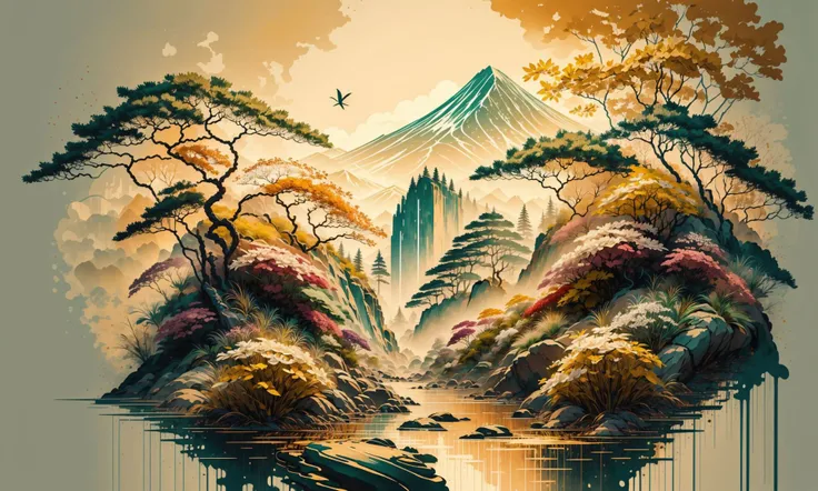 painting of a mountain with a lake and trees in the foreground