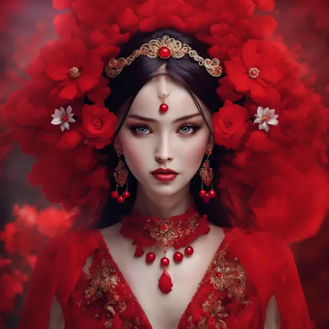 a close up of a woman wearing a red dress and a red headpiece