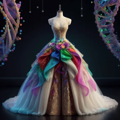 a close up of a dress on a mannequin with a colorful dress