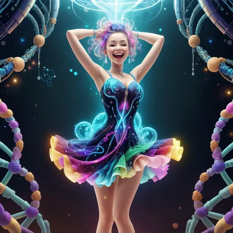 A happy dancing woman. Wearing a <lora:ScienceDNAStyle:0.8>ScienceDNAStyle swirling dress. colorful, glowing, color explosion, hologram, scientific, research, sci-fi, (Masterpiece:1.3) (best quality:1.2) (high quality:1.1)