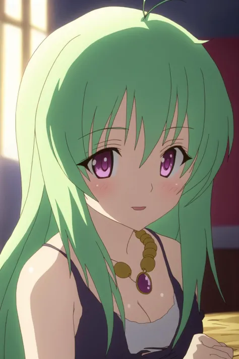 run, anime art style, 1girl, solo, green_hair, long_hair, blush, open_mouth, jewelry, purple_eyes, collarbone, necklace, portrait, close-up