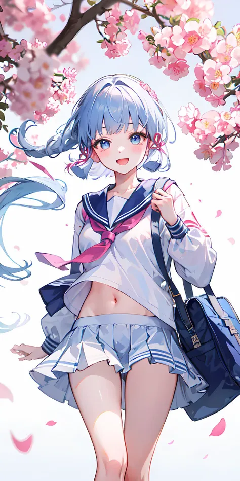 masterpiece, best quality, 1girl,((ultra detailed)),beautiful illustration,beautiful detailed eyes, (wallpaper),close-up,intrinsic lighting, kamisatoayakarnd, sailor outfit,wearing a school bag, sakura flower hair pin, navel, walking home from school, saku...