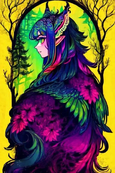 woman in a mythical forest, masterpiece, perfect face, intricate details, horror theme <lora:glowing01:1> glowing, colorful