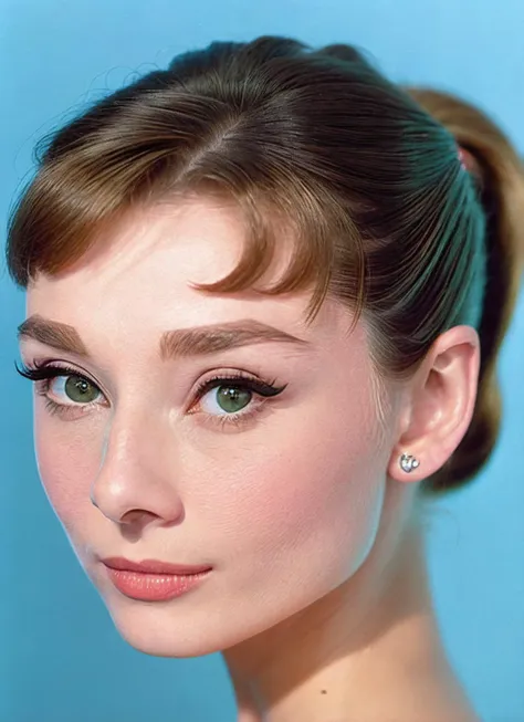 a close up of a woman with a green hair and a blue background