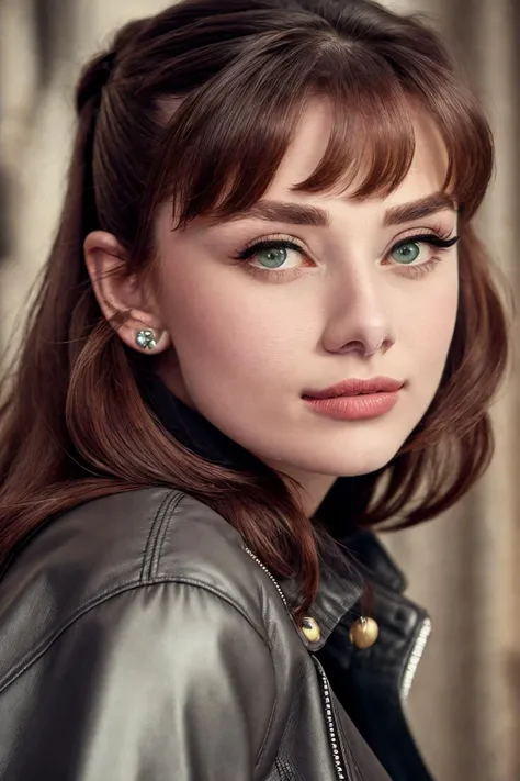 a close up of a woman with a leather jacket and earrings