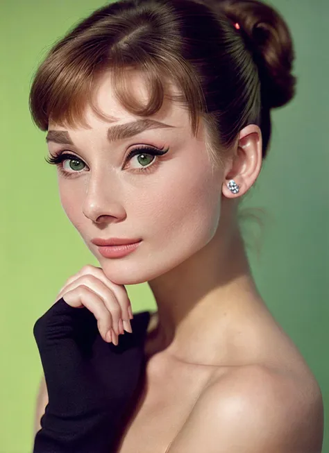 a close up of a woman with a black dress and a green background