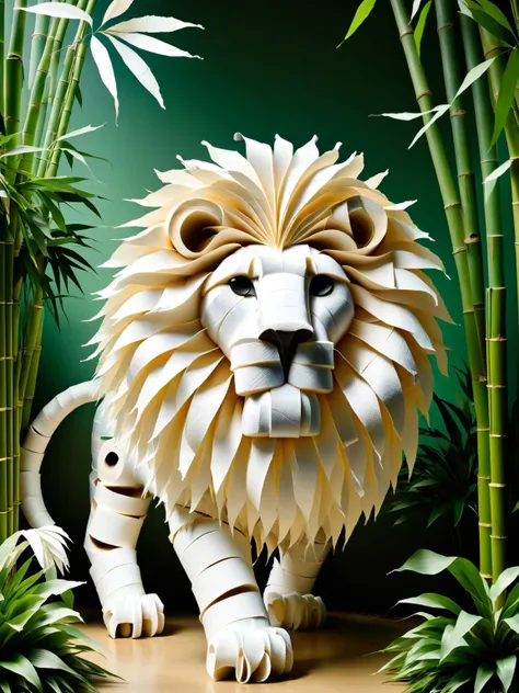 A majestic lion with flowing mane made of unfurled ral-toiletpaper, prowling through a jungle of bamboo. ral-toiletpaper <lora:ral-toiletpaper-sdxl:1> <lora:EnvyBetterHiresFixXL01:0:hr=1>