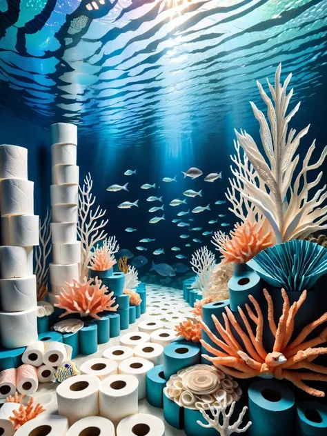 A vibrant coral reef teeming with fish made of ral-toiletpaper rolls, their scales shimmering with iridescent hues as they dart through the papery underwater world. ral-toiletpaper <lora:ral-toiletpaper-sdxl:1> <lora:EnvyBetterHiresFixXL01:0:hr=1>