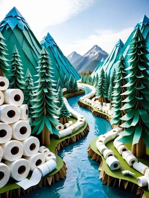 A river of cascading ral-toiletpaper rolls, winding its way through a world of paper mache mountains and origami creatures. ral-toiletpaper <lora:ral-toiletpaper-sdxl:1> <lora:EnvyBetterHiresFixXL01:0:hr=1>