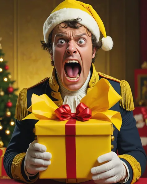 "Napoleon Bonaparte " tearing into a brightly yellow Christmas present. excitement,  holiday season.  delight. <lora:shocked:0.85> shocked, nonplussed