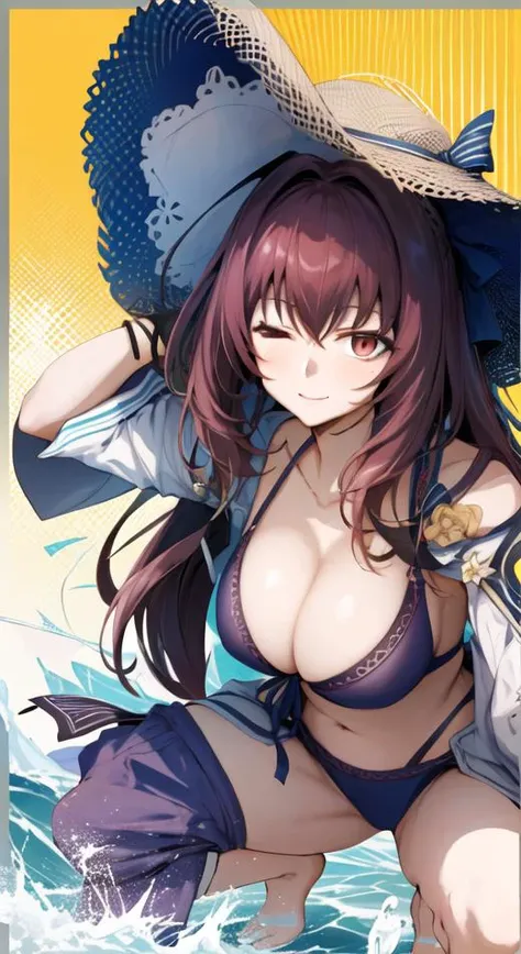 ((bikini swimsuit)), (scathach (fate)), 1girl, breasts, one eye closed, seductive smile, purple bikini, navel, cleavage, sun hat, smile, huge breasts, jewelry, side-tie bikini bottom, bracelet, collarbone,  ;), bangs, thighs, innertube, stomach, blush, ((o...