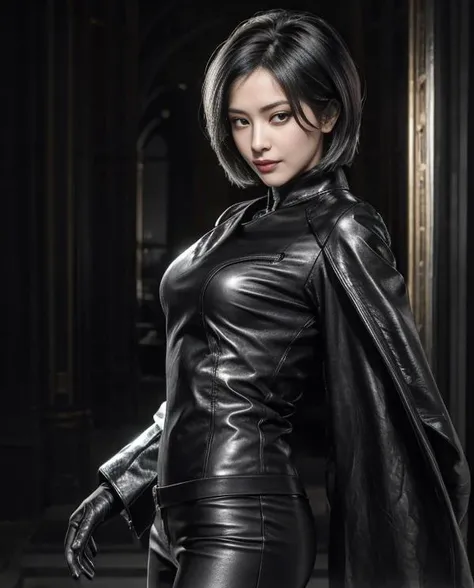 (masterpiece), (((half-length photo:1.4))), (close up), 1girl Ada Wong who is a royal empress sitting on a throne made of obsidian, she is wearing (Black horsehide royal robe) and (black horsehide tight trousers) with (black horsehide long gloves), she is ...