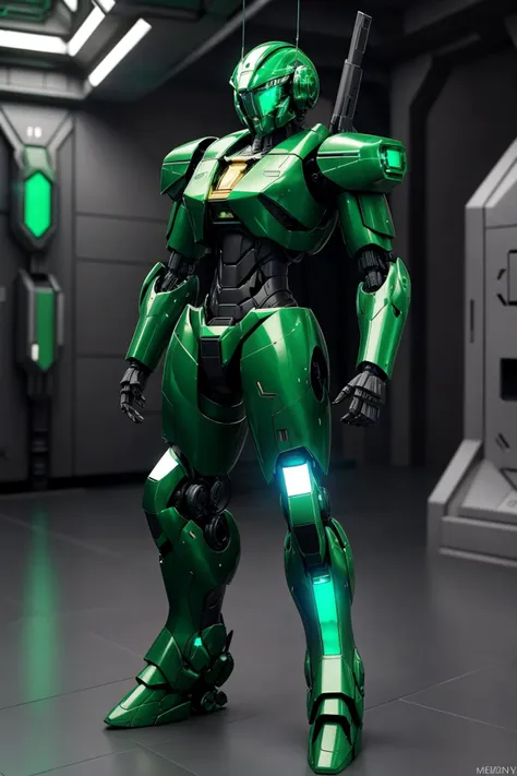 a green robot standing in a room with a light on