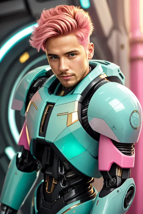 a close up of a person in a suit with pink hair