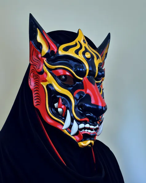 a close up of a person wearing a mask with a red and yellow design