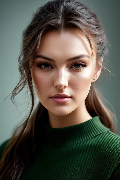 photo of beautiful (r4chelpizz0lat0:0.99), a woman with perfect hair, hair upsweep updo, wearing (green sweater:1.1),  ((Labcore:1.1)), (plain yellow background:1.1), modelshoot style, (extremely detailed CG unity 8k wallpaper), professional majestic (phot...