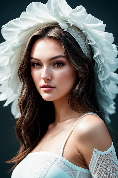 photo of beautiful (r4chelpizz0lat0:0.99), a woman with perfect hair, hair upsweep updo, wearing (white raglan sleeves:1.1),  ((Fanfare:1.1)), (plain white background:1.1), modelshoot style, (extremely detailed CG unity 8k wallpaper), professional majestic...