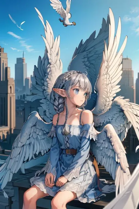 anime angel girl sitting on a bench with wings flying around