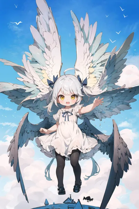 anime girl with wings standing on a platform in the sky