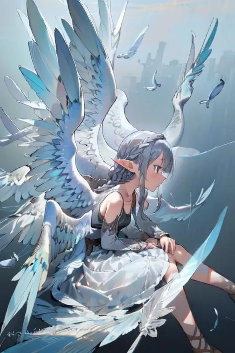 a woman sitting on a cloud with wings flying around her