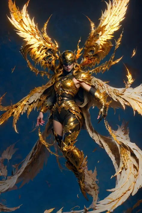 a woman in a gold costume with wings and wings