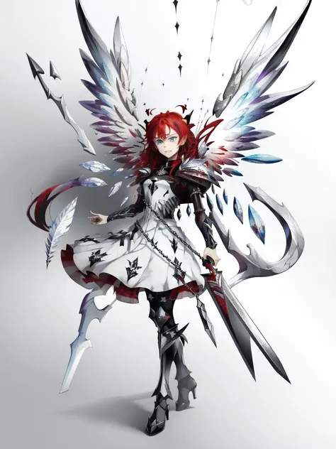 a woman with red hair and wings holding two swords